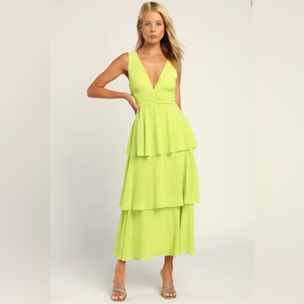Lulus Celebration Time Lime Green Sleeveless Tiered Midi Dress
